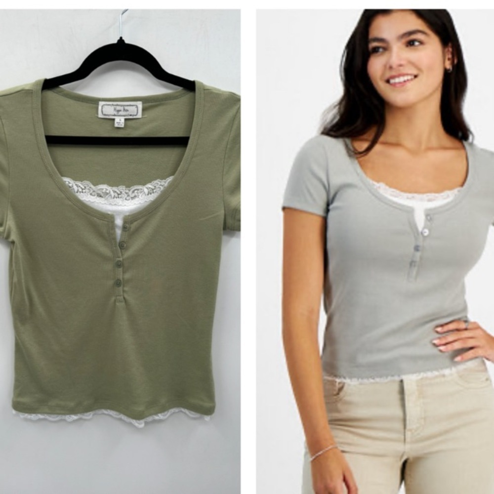 HIPPIE ROSE Layered woman sage lace trim lightweight lace trim casual tee L